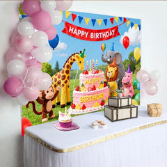 Lofaris Cute Animal Birthday Backdrop with Pink Cake and Balloons Vibrant Party Decor for Children’s Photoshoot and Celebration
