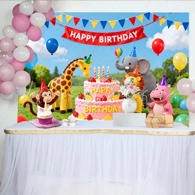 Lofaris Cute Animal Birthday Backdrop with Pink Cake and Balloons Vibrant Party Decor for Children’s Photoshoot and Celebration