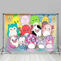 Lofaris Cute Animal Toys Birthday Backdrop Fruit and Plant Plushies Rainbow Gradient Party Photo Booth Props