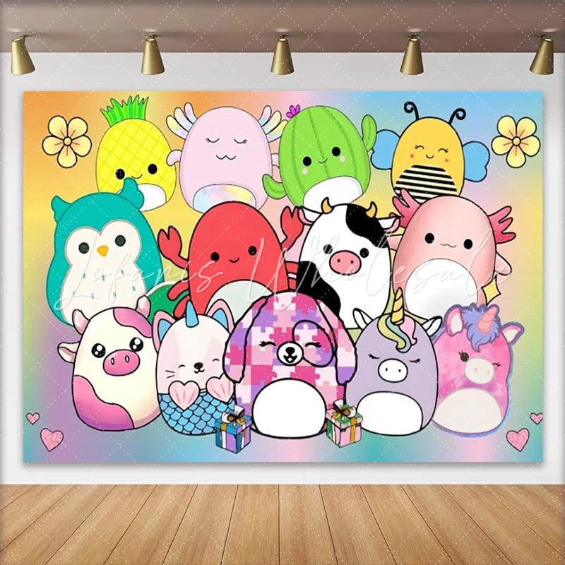 Lofaris Cute Animal Toys Birthday Backdrop Fruit and Plant Plushies Rainbow Gradient Party Photo Booth Props