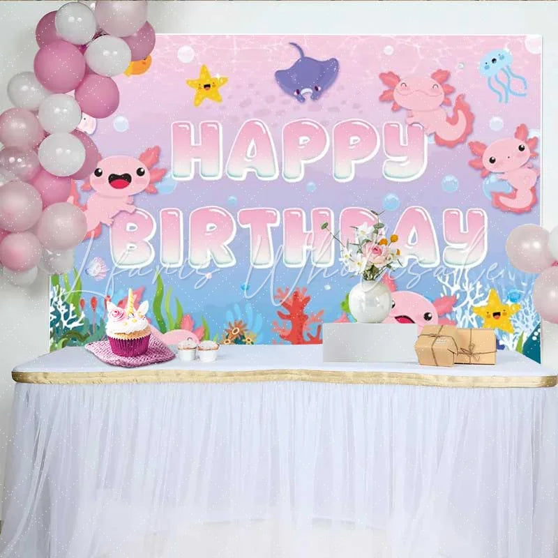 Lofaris Cute Axolotl Birthday Backdrop Pink Salamander Under Sea Party Decoration Ocean Animal Happy Birthday Banner Photography Prop