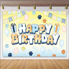 Lofaris Cute Blue and Orange Paw Print Animal Birthday Backdrop with Bones Adorable Party Decor for Pet Themed Photoshoot