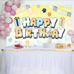 Lofaris Cute Blue and Orange Paw Print Animal Birthday Backdrop with Bones Adorable Party Decor for Pet Themed Photoshoot