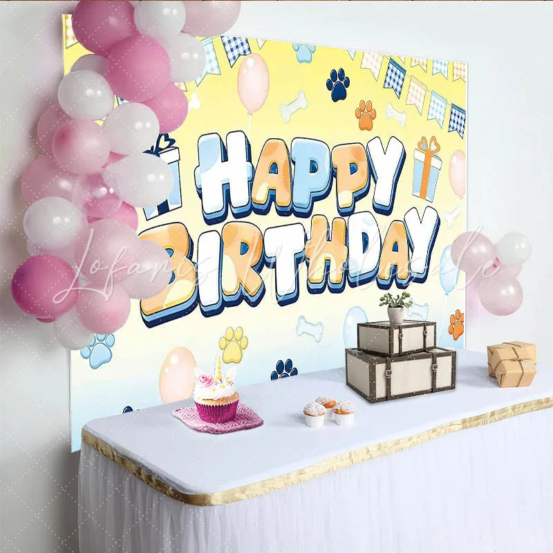 Lofaris Cute Blue and Orange Paw Print Animal Birthday Backdrop with Bones Adorable Party Decor for Pet Themed Photoshoot