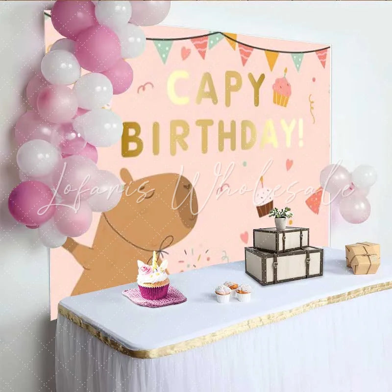 Lofaris Cute Capybara Birthday Backdrop Pink Sweet Party Background for Girls Kids Celebration