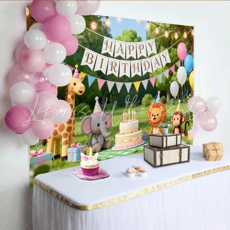 Lofaris Cute Cartoon Animal Birthday Backdrop with Balloons and Cake Outdoor Park Party Background for Kids Photoshoot