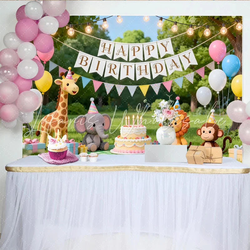 Lofaris Cute Cartoon Animal Birthday Backdrop with Balloons and Cake Outdoor Park Party Background for Kids Photoshoot