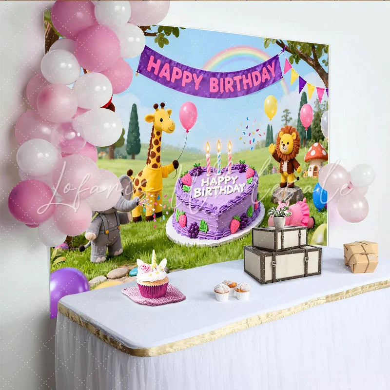 Lofaris Cute Cartoon Animal Birthday Backdrop with Jungle Friends and Purple Cake Happy Party Decor for Kids Photoshoot
