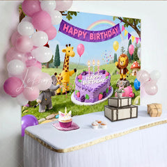 Lofaris Cute Cartoon Animal Birthday Backdrop with Jungle Friends and Purple Cake Happy Party Decor for Kids Photoshoot