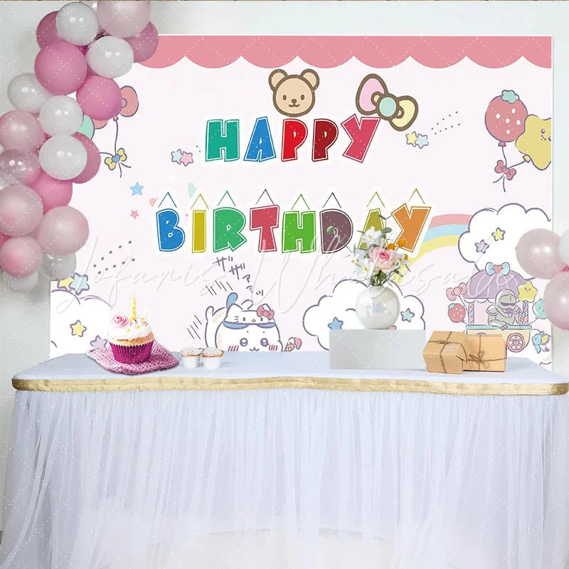Lofaris Cute Cartoon Animal Happy Birthday Backdrop with Balloons and Rainbow Adorable Party Background for Kids Photoshoot Decor