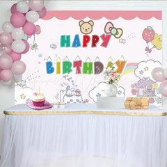 Lofaris Cute Cartoon Animal Happy Birthday Backdrop with Balloons and Rainbow Adorable Party Background for Kids Photoshoot Decor