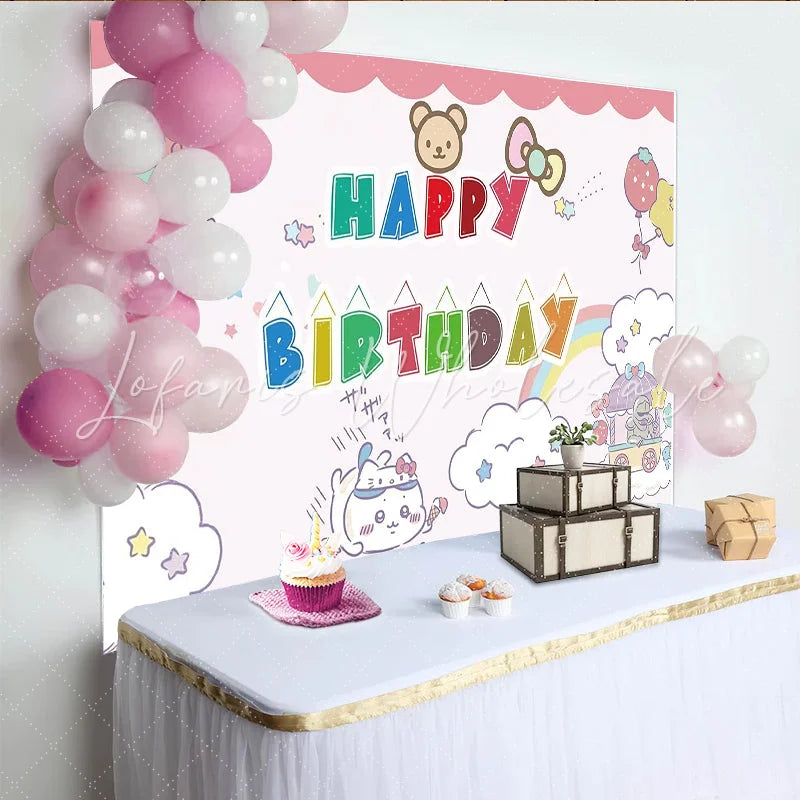 Lofaris Cute Cartoon Animal Happy Birthday Backdrop with Balloons and Rainbow Adorable Party Background for Kids Photoshoot Decor