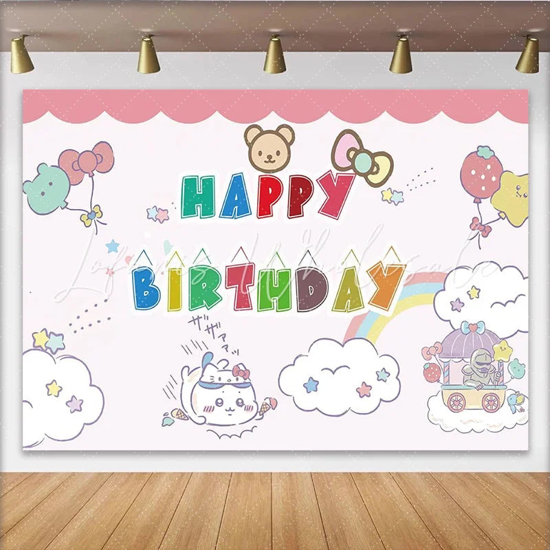 Lofaris Cute Cartoon Animal Happy Birthday Backdrop with Balloons and Rainbow Adorable Party Background for Kids Photoshoot Decor