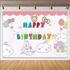 Lofaris Cute Cartoon Animal Happy Birthday Backdrop with Balloons and Rainbow Adorable Party Background for Kids Photoshoot Decor