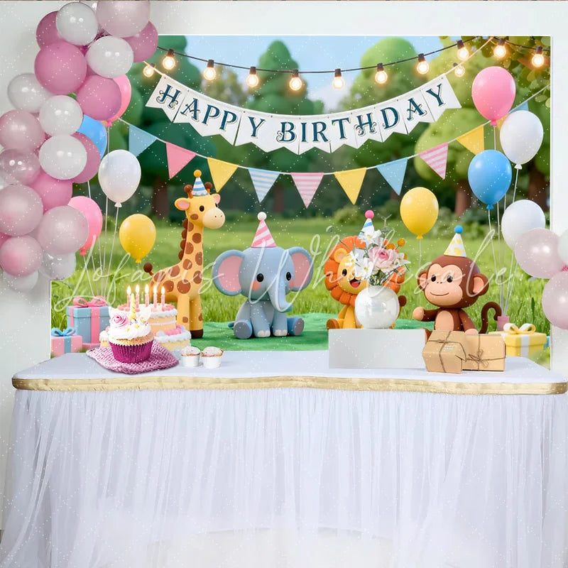 Lofaris Cute Cartoon Animal Happy Birthday Backdrop with Giraffe Elephant Lion and Monkey Green Grass Party Decor for Kids Photoshoot
