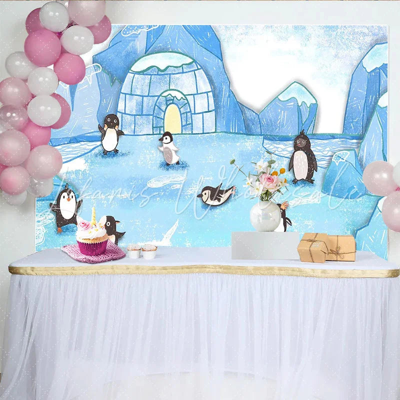 Lofaris Cute Cartoon Arctic Penguin Photography Backdrop Winter Wonderland Studio Background for Kids Photoshoot