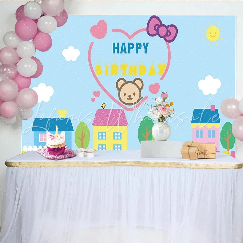 Lofaris Cute Cartoon Bear Happy Birthday Backdrop with Village Houses and Tulips Blue Sky Photography Background for Kids Party Decor