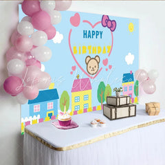 Lofaris Cute Cartoon Bear Happy Birthday Backdrop with Village Houses and Tulips Blue Sky Photography Background for Kids Party Decor