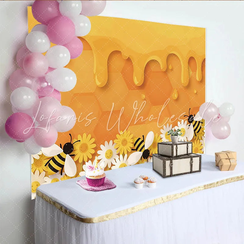 Lofaris Cute Cartoon Bee Honeycomb Photography Backdrop Yellow Daisy Flower Studio Background for Kids Photoshoot