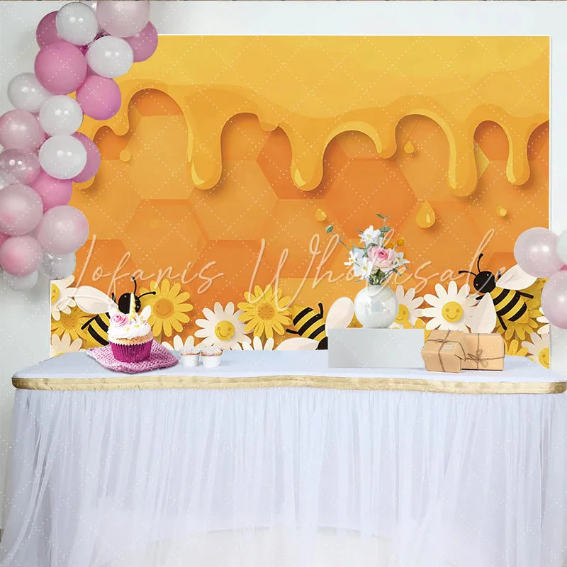 Lofaris Cute Cartoon Bee Honeycomb Photography Backdrop Yellow Daisy Flower Studio Background for Kids Photoshoot