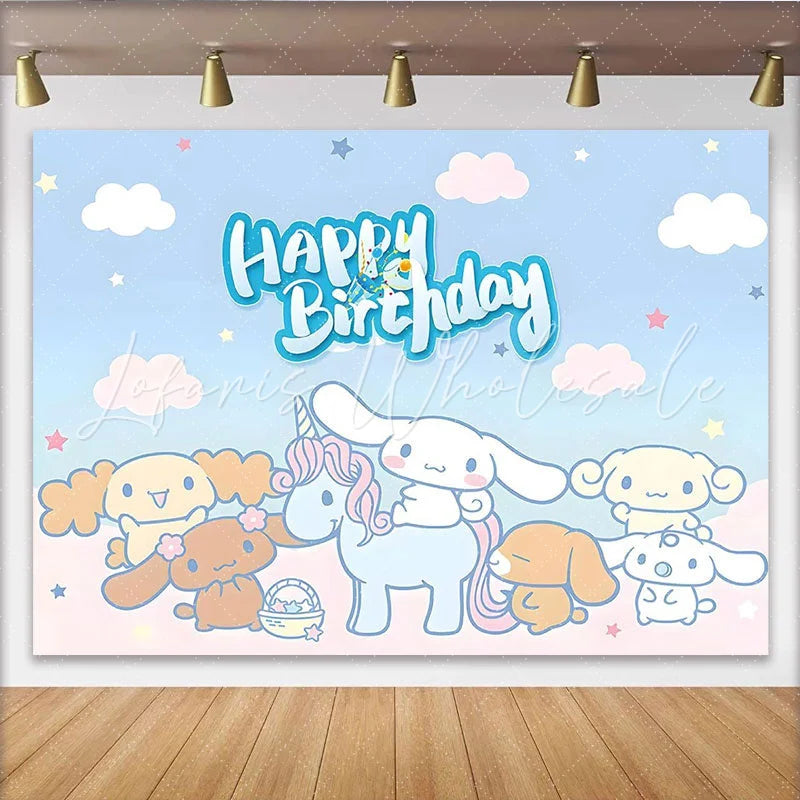 Lofaris Cute Cartoon Birthday Backdrop with Unicorn and Friends Pastel Blue Photo Background for Kids Party Decoration