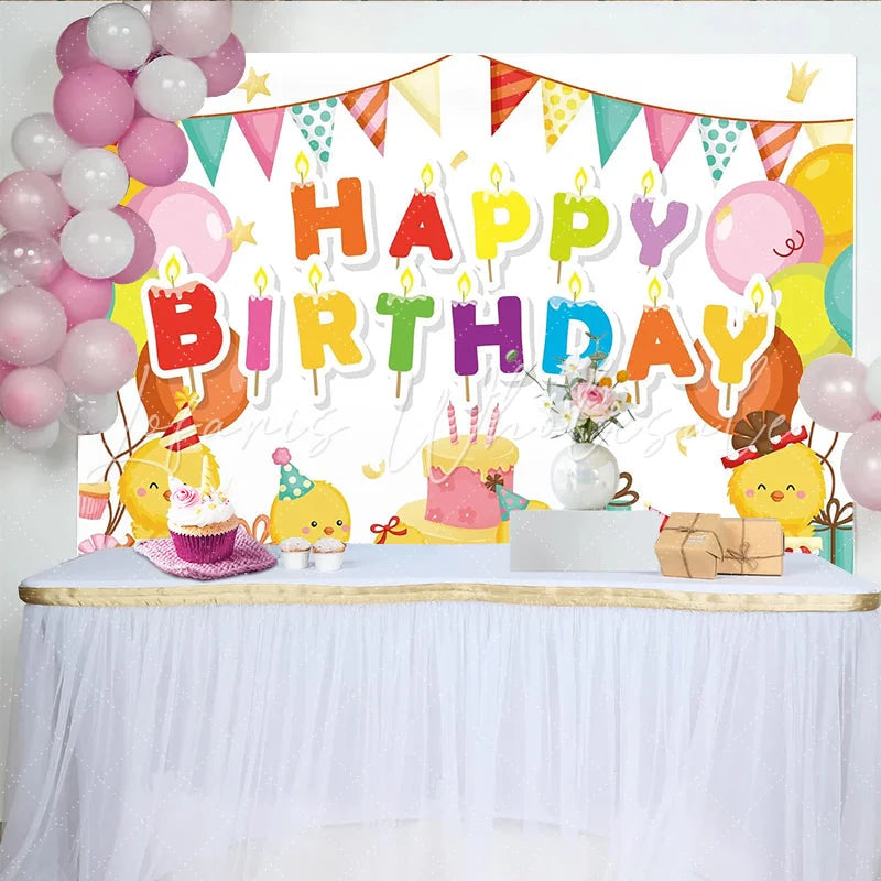 Lofaris Cute Cartoon Chick Birthday Backdrop with Colorful Balloons Party Flags and Cake Photography Background for Kids Celebration