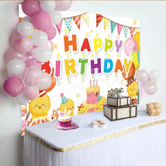 Lofaris Cute Cartoon Chick Birthday Backdrop with Colorful Balloons Party Flags and Cake Photography Background for Kids Celebration