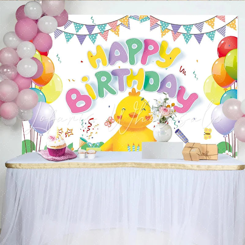 Lofaris Cute Cartoon Chick Happy Birthday Backdrop with Colorful Balloons and Cake Festive Party Decoration for Kids Photoshoot