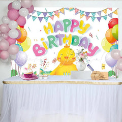 Lofaris Cute Cartoon Chick Happy Birthday Backdrop with Colorful Balloons and Cake Festive Party Decoration for Kids Photoshoot