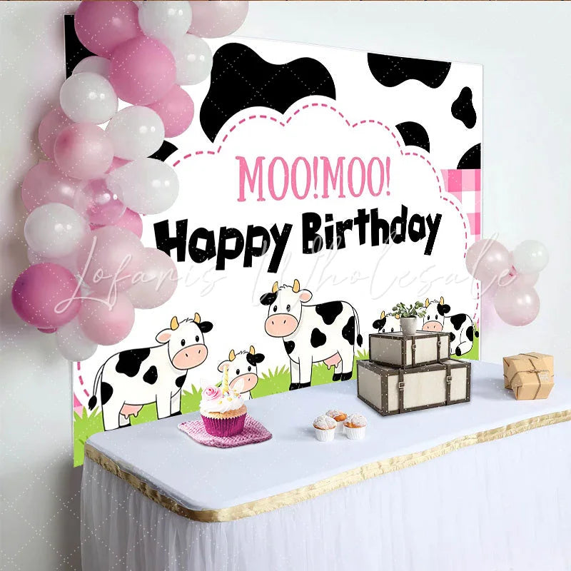 Lofaris Cute Cartoon Cow Birthday Backdrop with Pink Gingham and Moo Moo Text Farm Animal Party Background for Kids Photo Booth Decor