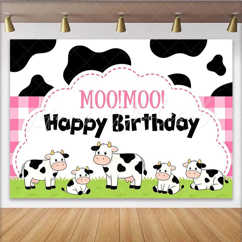 Lofaris Cute Cartoon Cow Birthday Backdrop with Pink Gingham and Moo Moo Text Farm Animal Party Background for Kids Photo Booth Decor