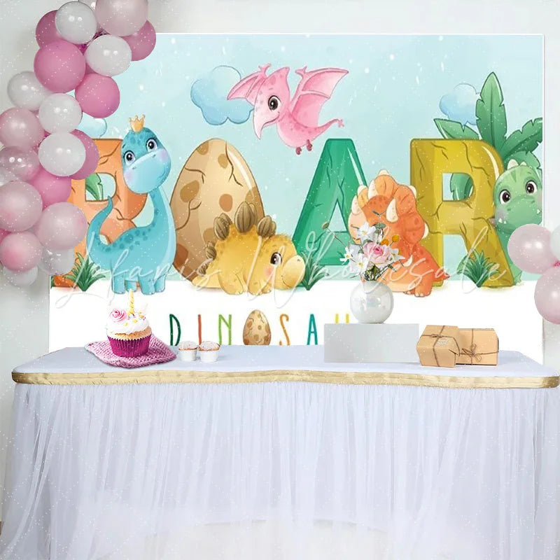 Lofaris Cute Cartoon Dinosaur ROAR Birthday Backdrop Pastel Prehistoric Friends Party Decor for Kids