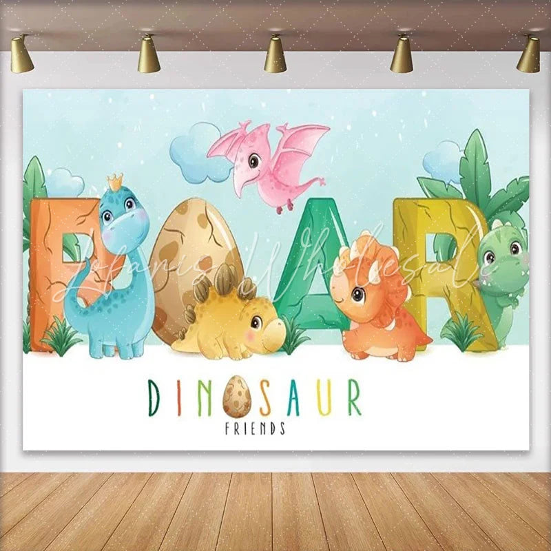 Lofaris Cute Cartoon Dinosaur ROAR Birthday Backdrop Pastel Prehistoric Friends Party Decor for Kids