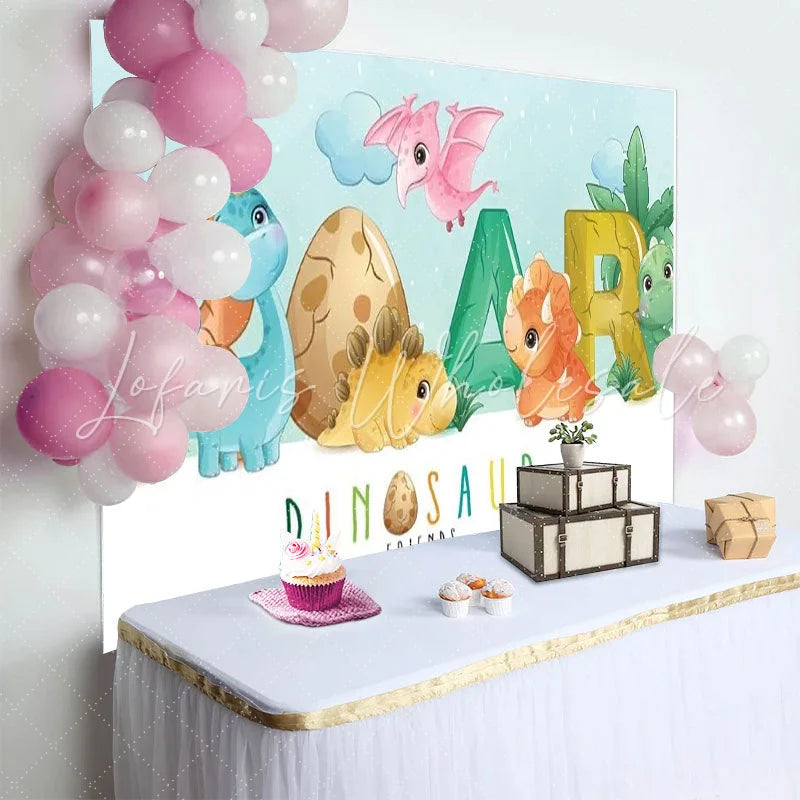 Lofaris Cute Cartoon Dinosaur ROAR Birthday Backdrop Pastel Prehistoric Friends Party Decor for Kids