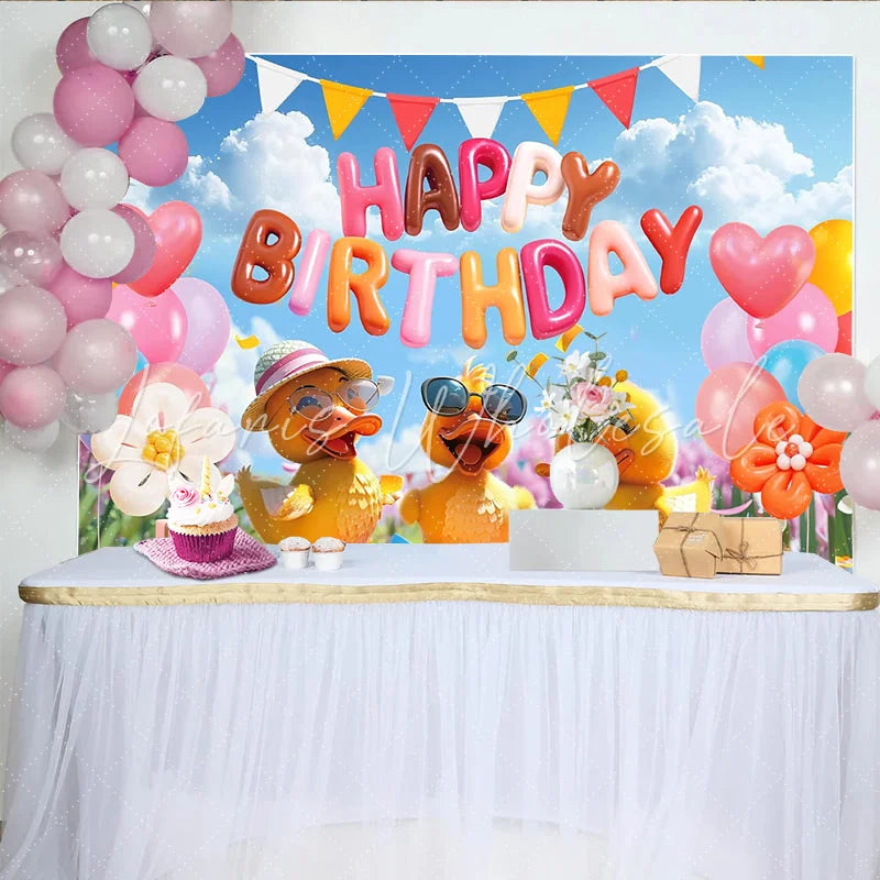 Lofaris Cute Cartoon Duck Happy Birthday Backdrop with Colorful Balloons Festive Party Decor for Kids Photoshoot and Celebration