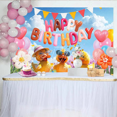 Lofaris Cute Cartoon Duck Happy Birthday Backdrop with Colorful Balloons Festive Party Decor for Kids Photoshoot and Celebration