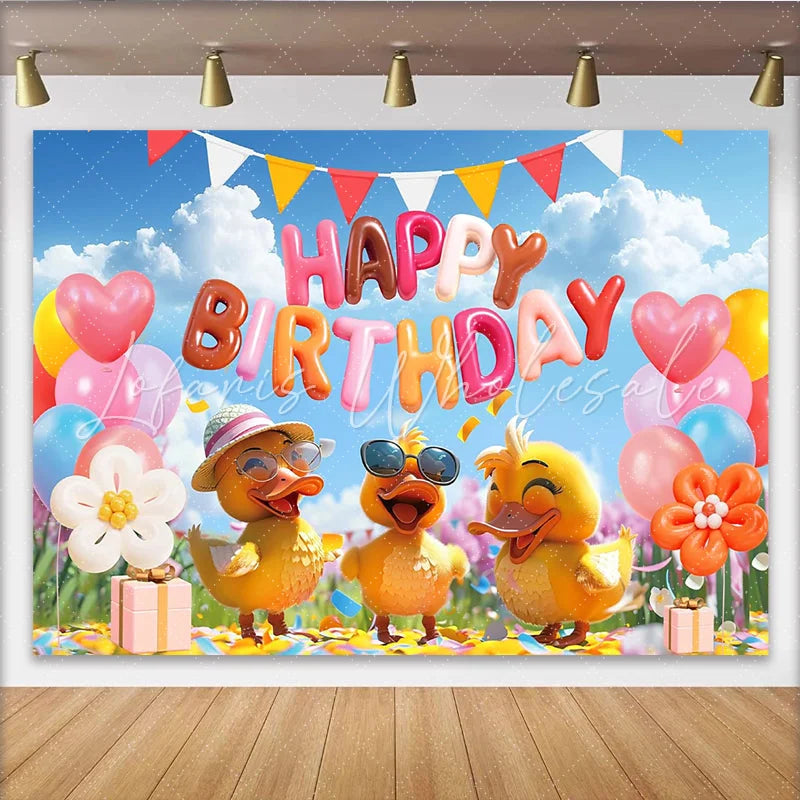 Lofaris Cute Cartoon Duck Happy Birthday Backdrop with Colorful Balloons Festive Party Decor for Kids Photoshoot and Celebration