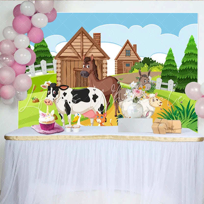 Lofaris Cute Cartoon Farm Animal Birthday Backdrop with Green Fields Adorable Farmhouse Background for Kids Party Decor