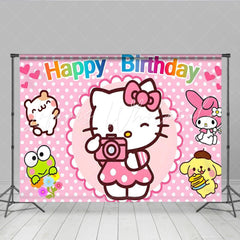 Lofaris Cute Cartoon Friends Happy Birthday Backdrop Hello Kitty My Melody and Keroppi Pink Polka Dot Party for Girls