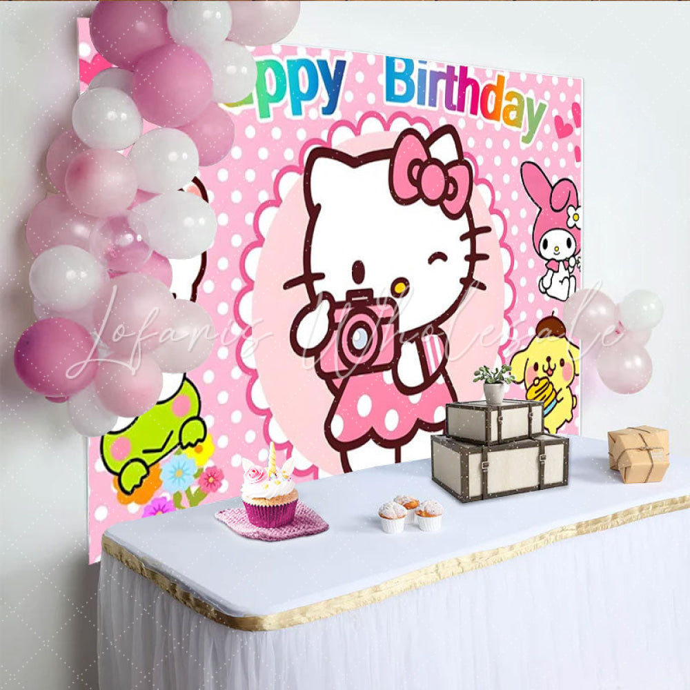 Lofaris Cute Cartoon Friends Happy Birthday Backdrop Hello Kitty My Melody and Keroppi Pink Polka Dot Party for Girls