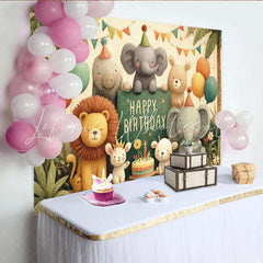 Lofaris Cute Cartoon Jungle Animals Happy Birthday Backdrop Safari Lion Elephant Bear Party Decoration