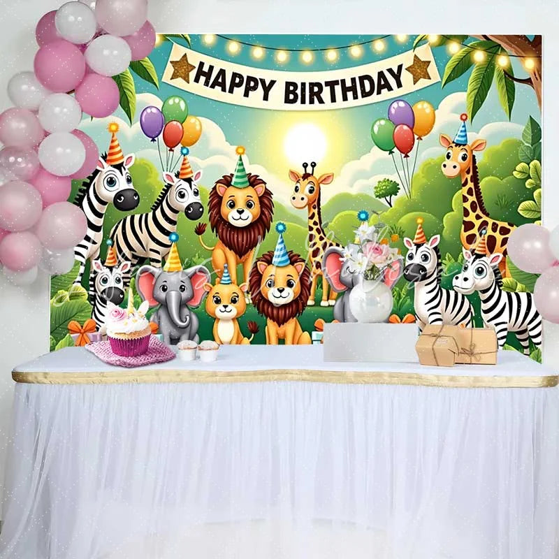 Lofaris Cute Cartoon Jungle Animals Happy Birthday Backdrop Safari Wild One Party Decor