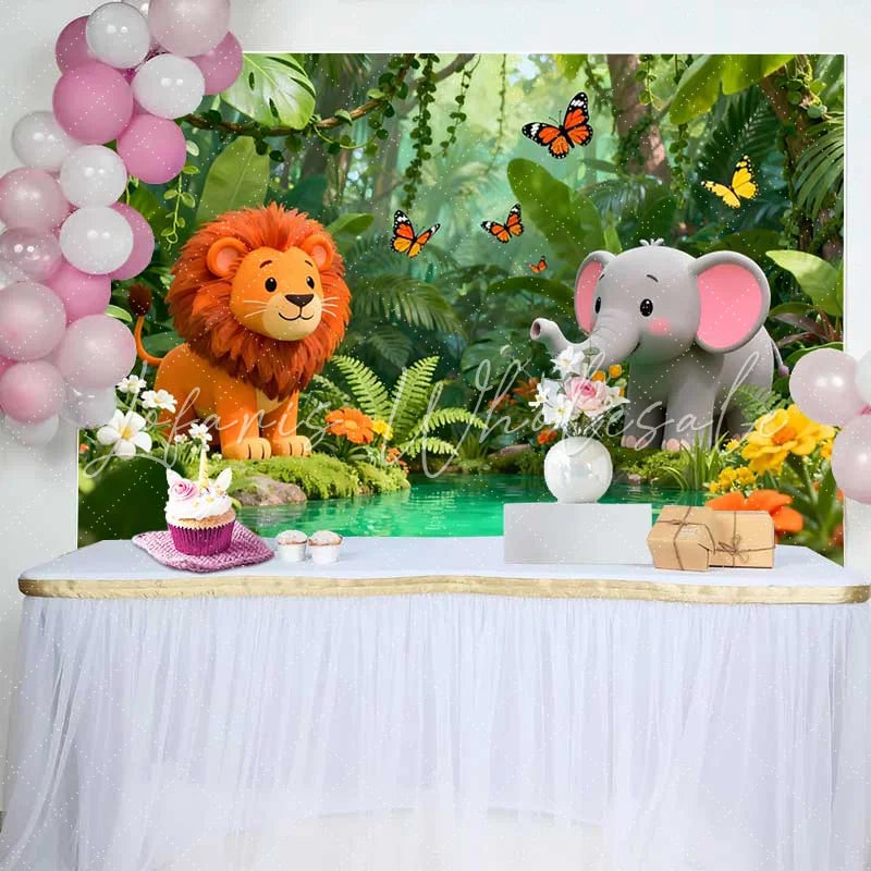 Lofaris Cute Cartoon Lion and Elephant Jungle Birthday Backdrop Wild Safari Adventure Party Decor