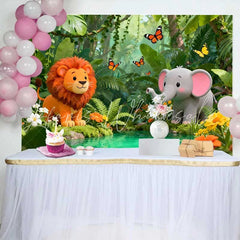Lofaris Cute Cartoon Lion and Elephant Jungle Birthday Backdrop Wild Safari Adventure Party Decor