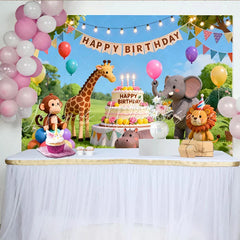 Lofaris Cute Cartoon Safari Animal Birthday Backdrop with Balloons Vibrant Jungle Party Background for Kids Photoshoot