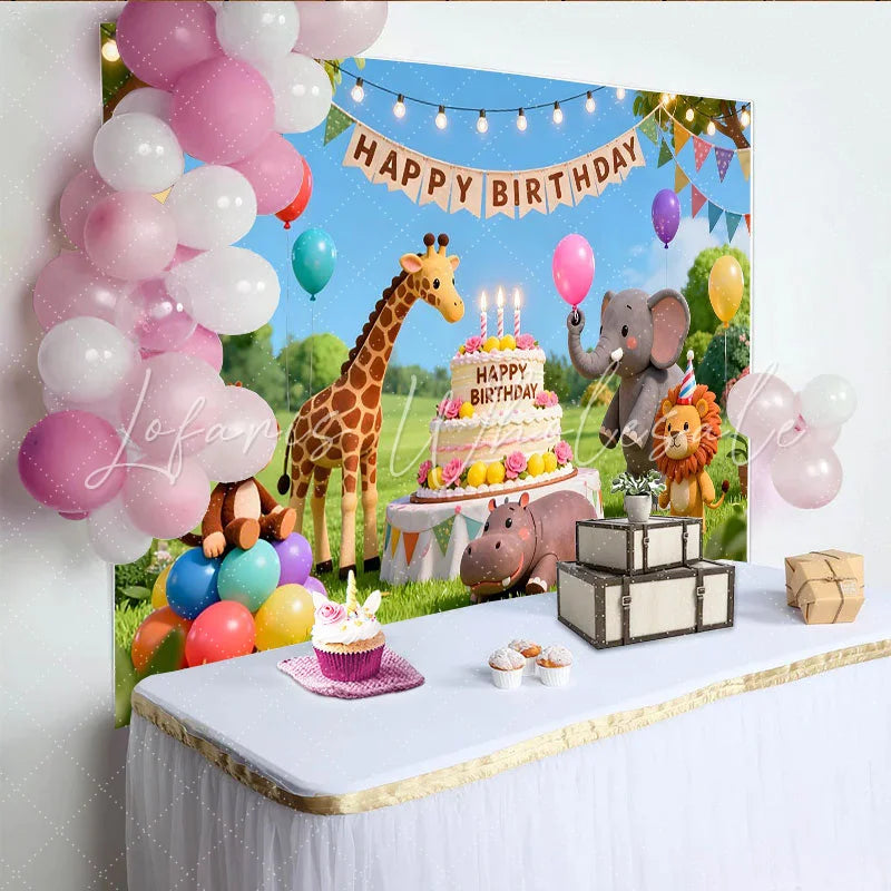 Lofaris Cute Cartoon Safari Animal Birthday Backdrop with Balloons Vibrant Jungle Party Background for Kids Photoshoot