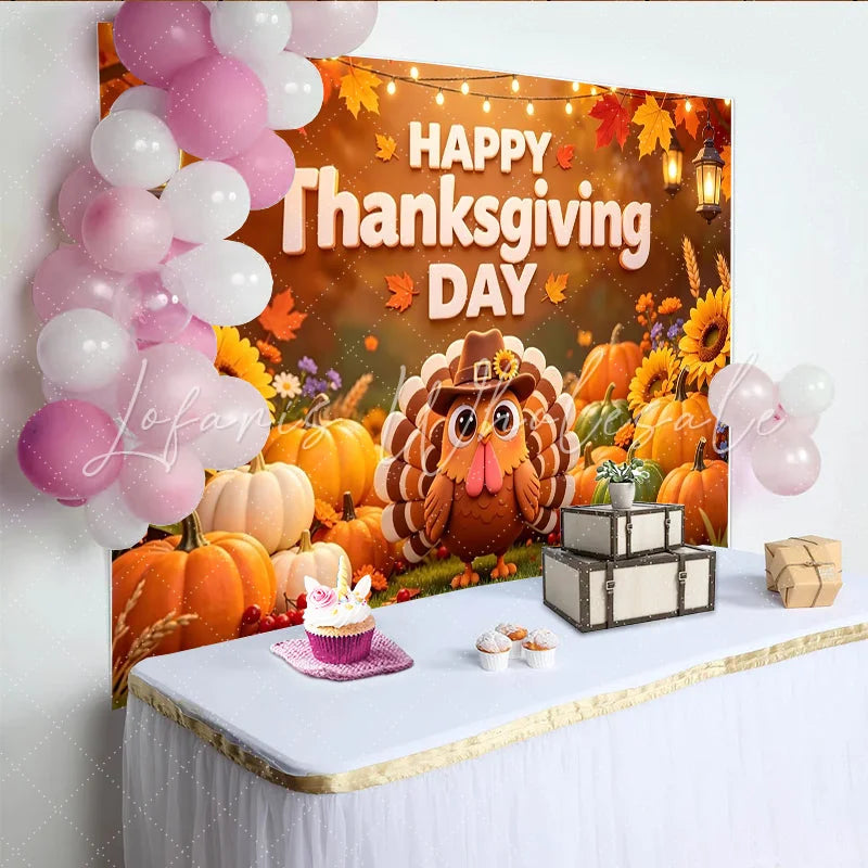 Lofaris Cute Cartoon Turkey Thanksgiving Backdrop with Pumpkins and Autumn Leaves Vibrant Fall Harvest Background for Party and Photoshoot
