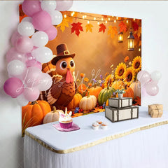 Lofaris Cute Cartoon Turkey Thanksgiving Backdrop with Pumpkins and Sunflowers Warm Autumn Harvest Party Background for Photo Booth Props