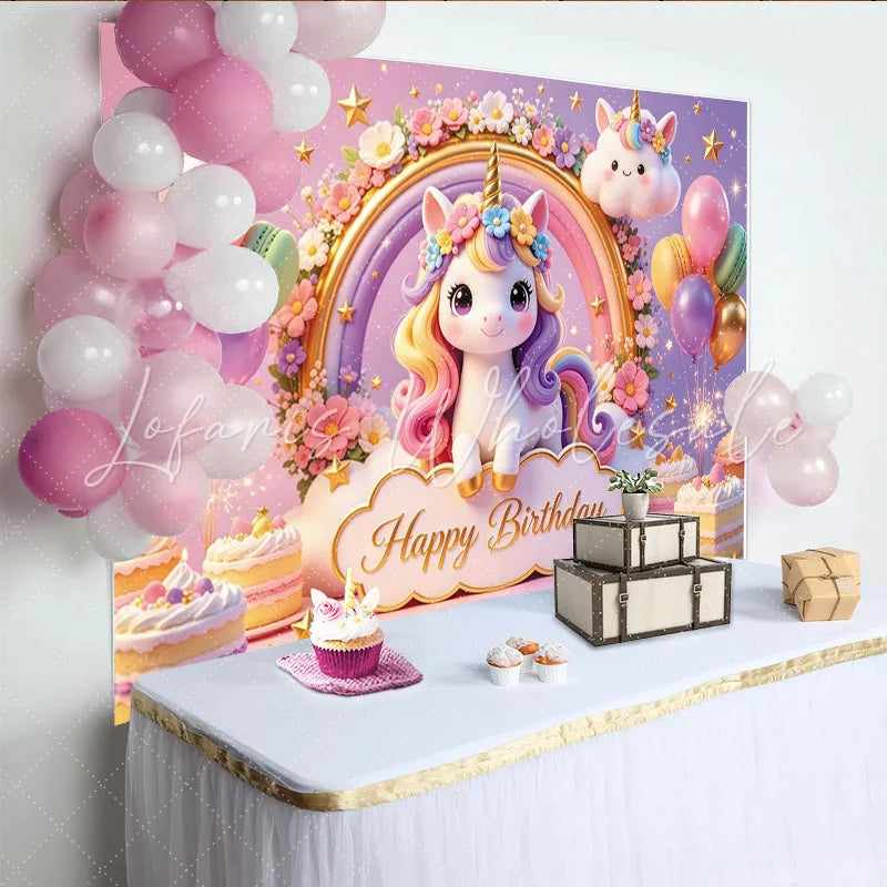 Lofaris Cute Cartoon Unicorn Rainbow Birthday Backdrop for Girls Pastel Flowers and Balloons Party Background for Kids Celebration