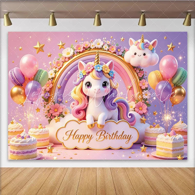 Lofaris Cute Cartoon Unicorn Rainbow Birthday Backdrop for Girls Pastel Flowers and Balloons Party Background for Kids Celebration